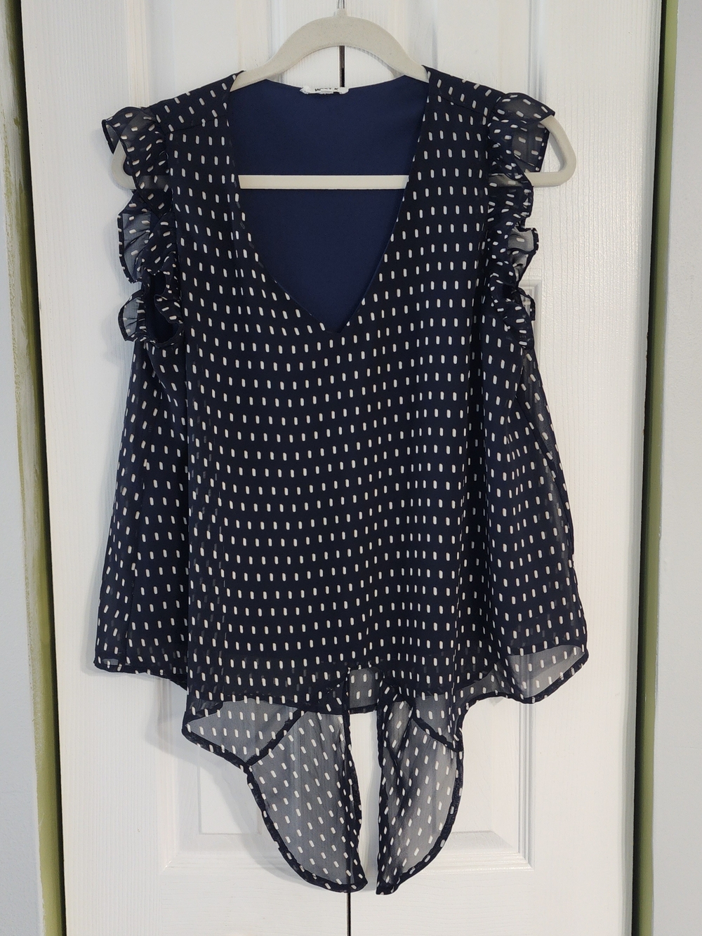 Ruffled Navy Rectangular White Marks/dot Pattern V-Neck Camisole tie Midriff